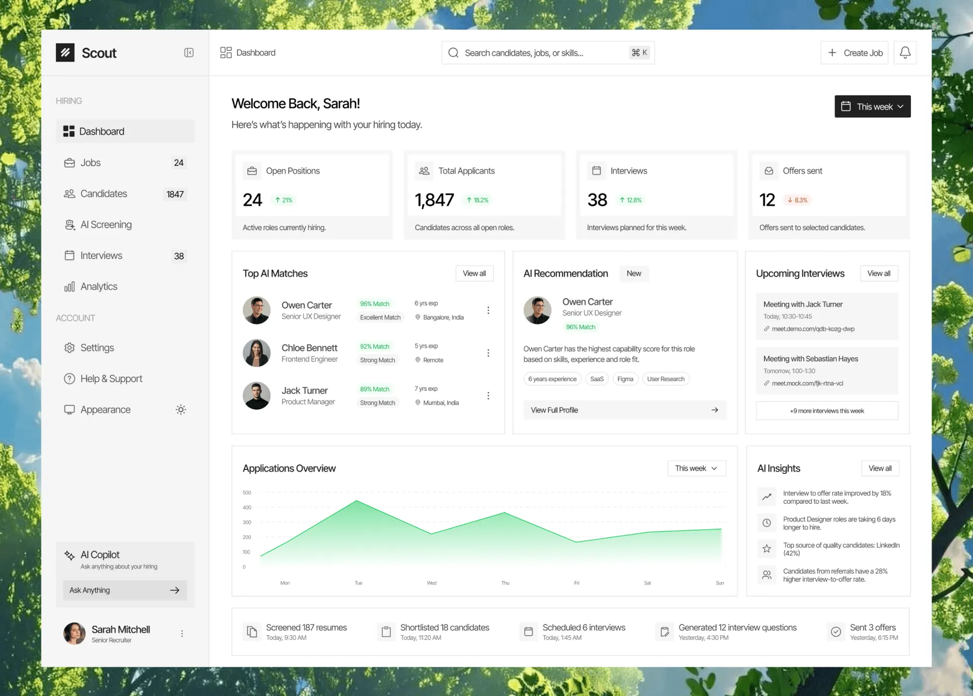 Scout: hiring dashboard interface, with open roles, applicant metrics and AI candidate matches