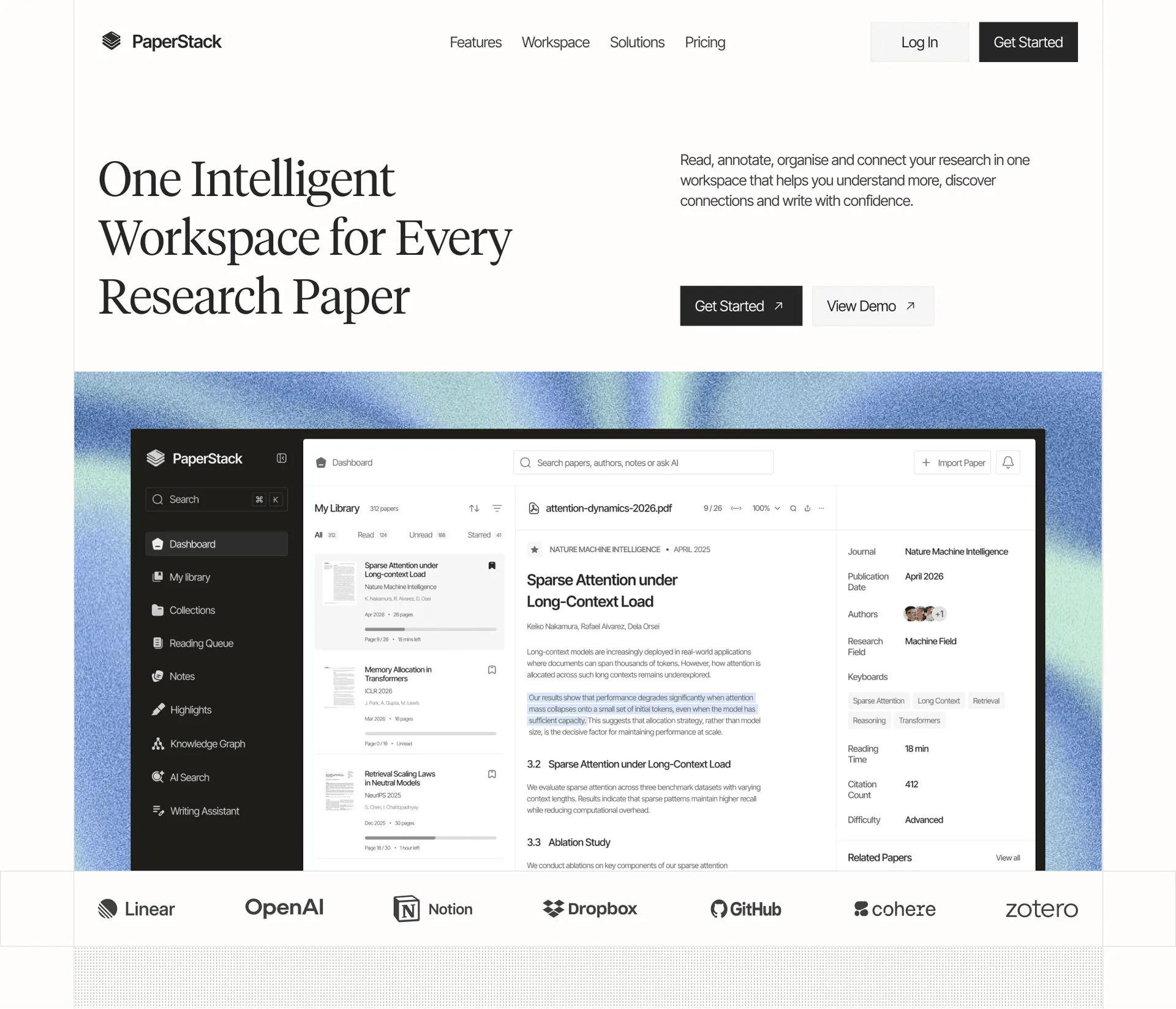PaperStack: research workspace landing page design, with the PDF reading and annotation interface