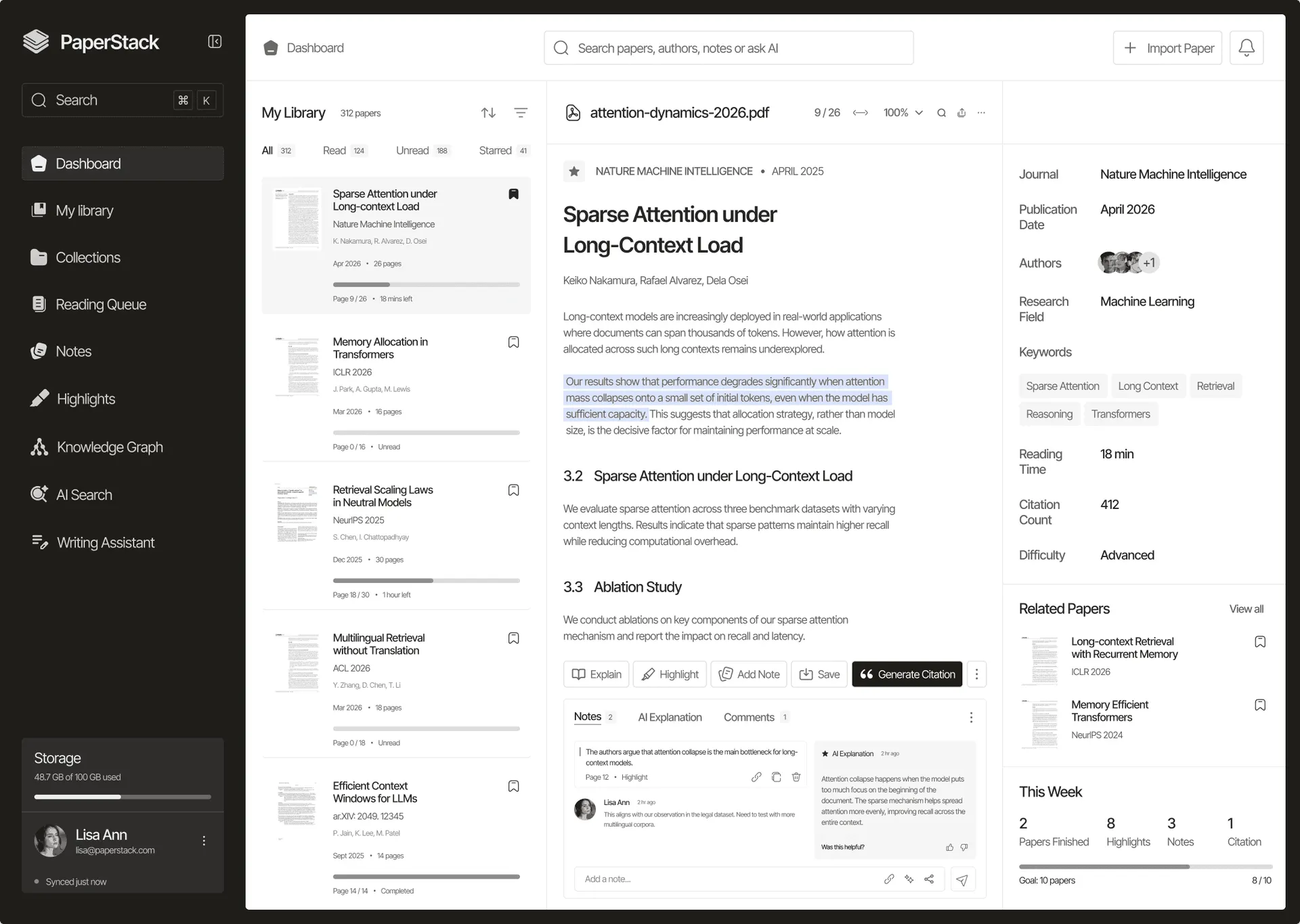 PaperStack: research library and paper reader interface, with AI highlights and citation details
