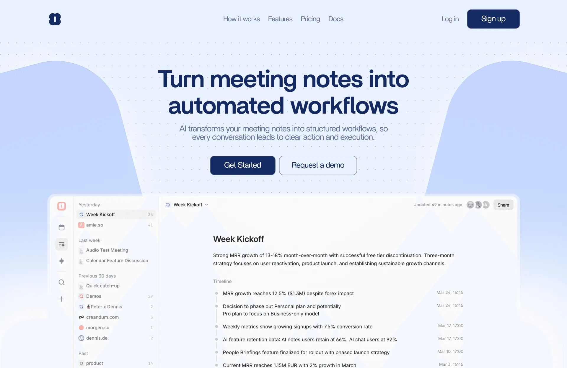 SaaS landing page design for turning meeting notes into automated workflows, with the workspace timeline view