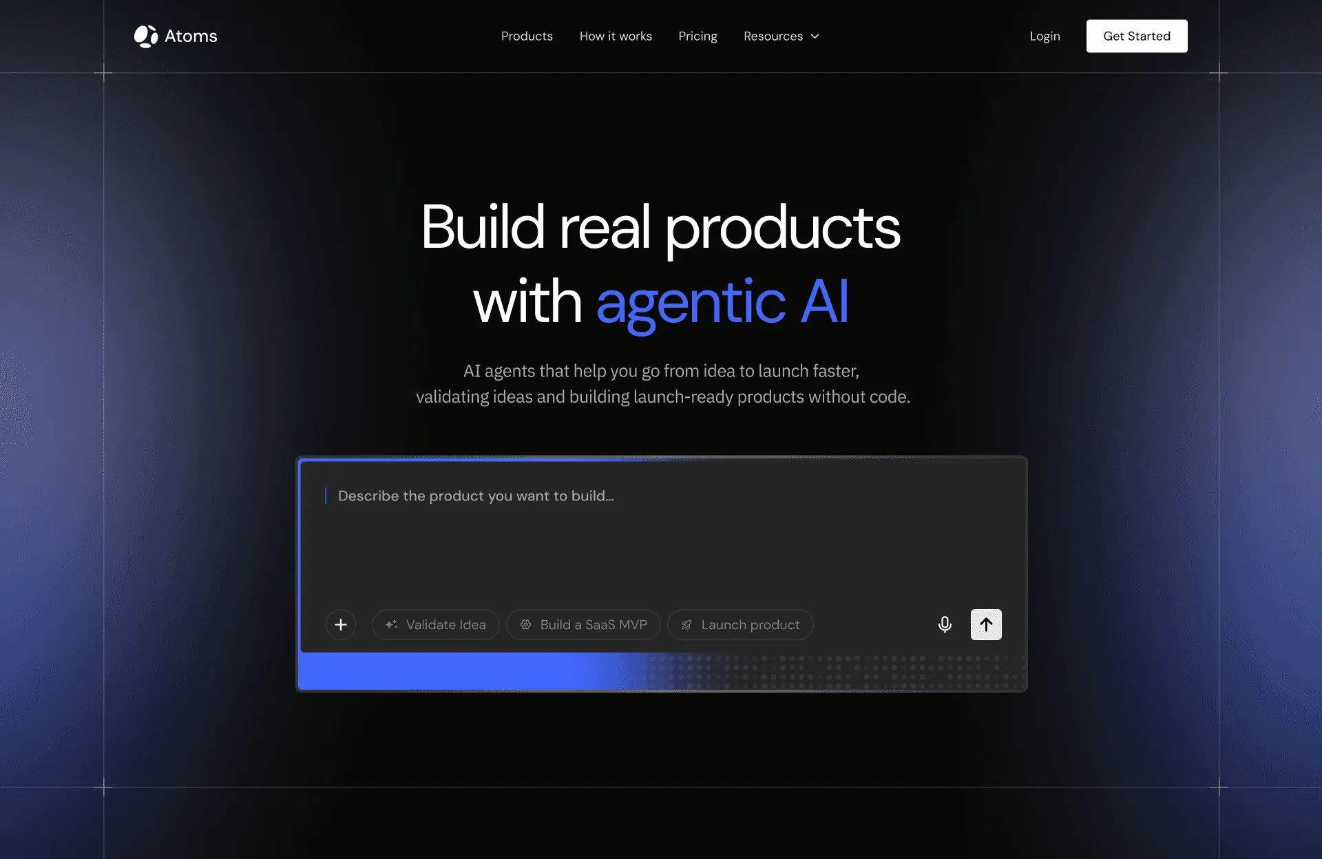 Atoms: agentic AI product builder landing page, with the dark prompt composer