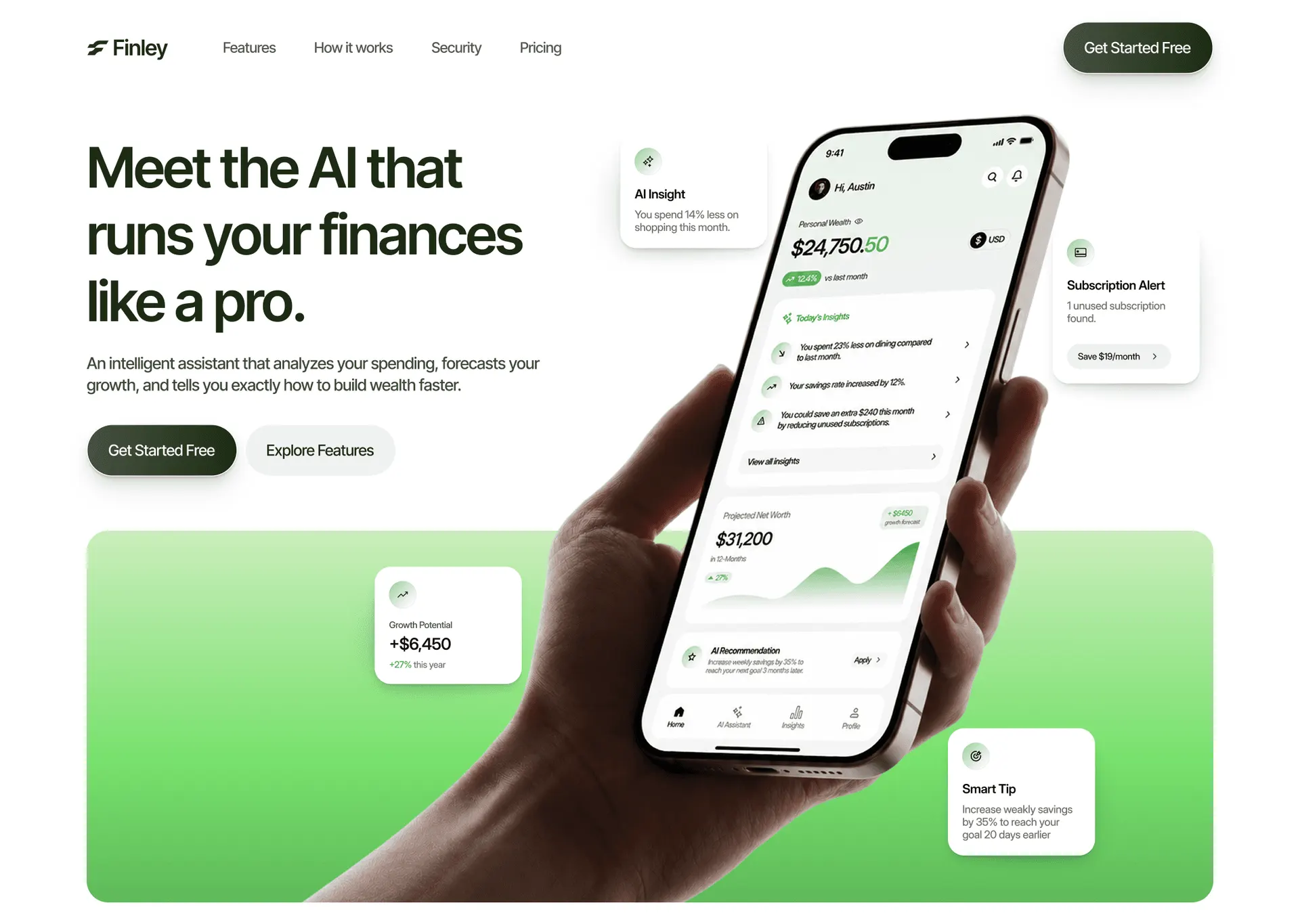 Finley: AI personal finance app landing page, with the mobile spending and insights screens