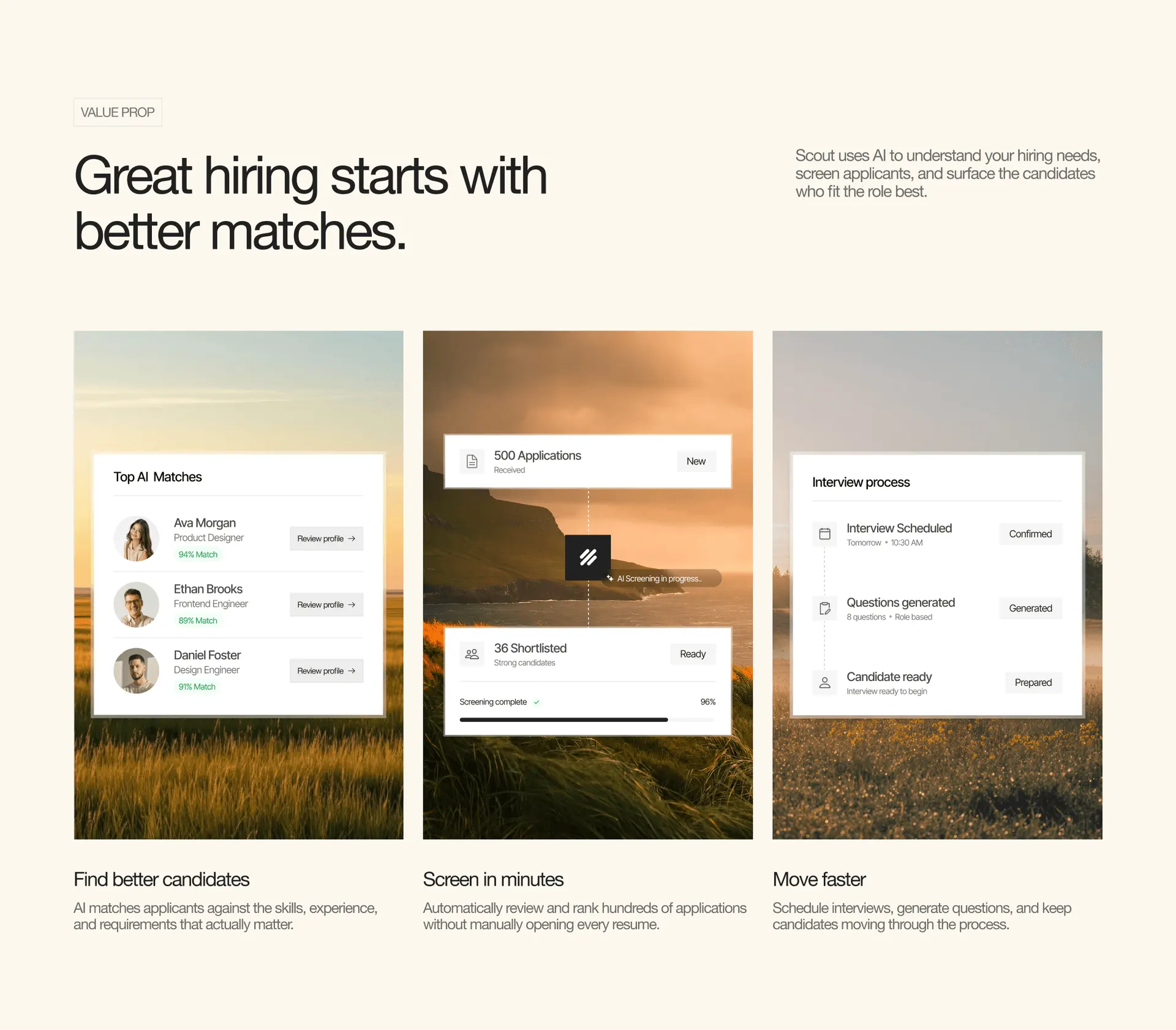 Scout: better matches feature section, with three product screenshots over landscape photography
