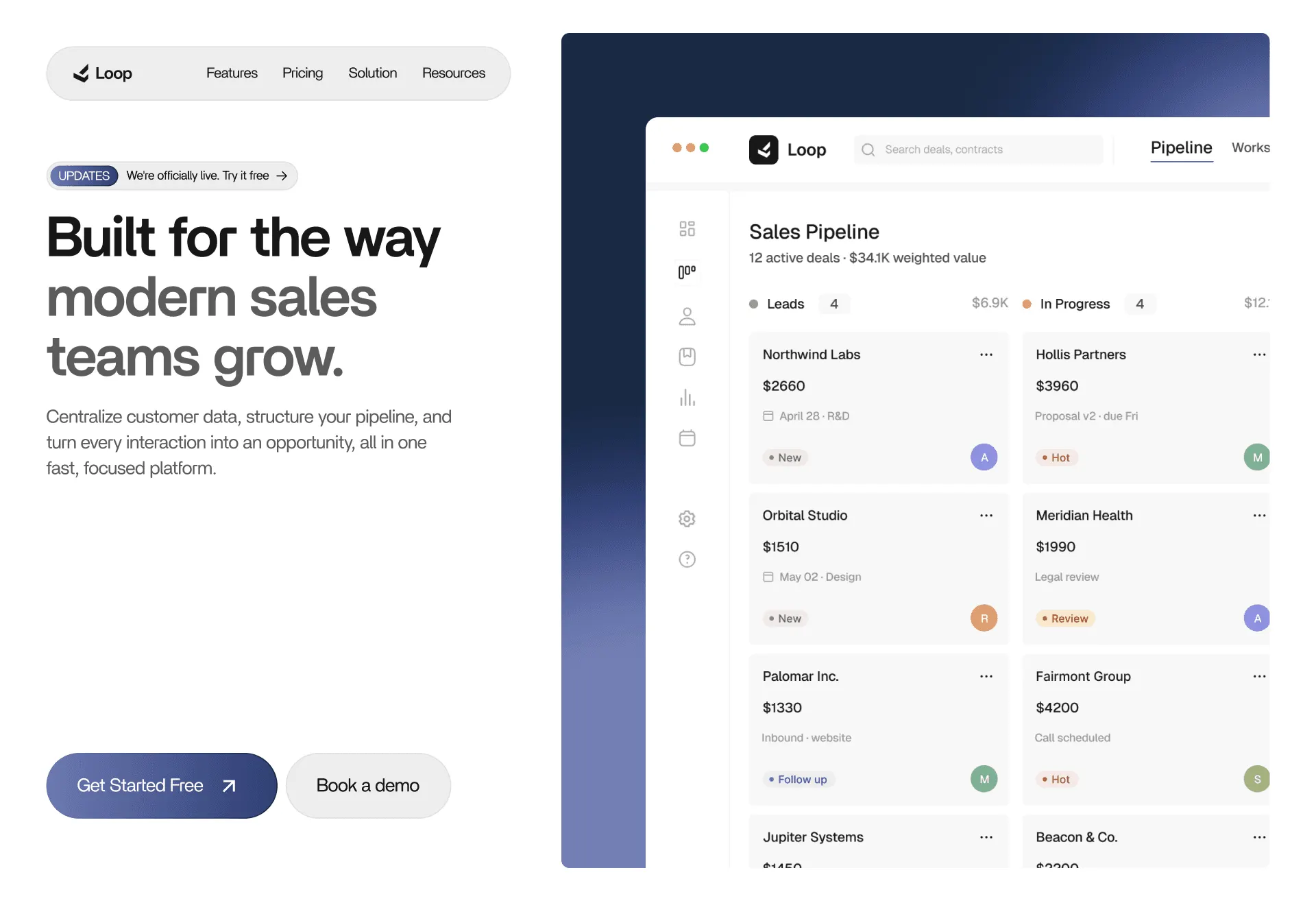 Loop: sales CRM landing page design, with the deal pipeline board
