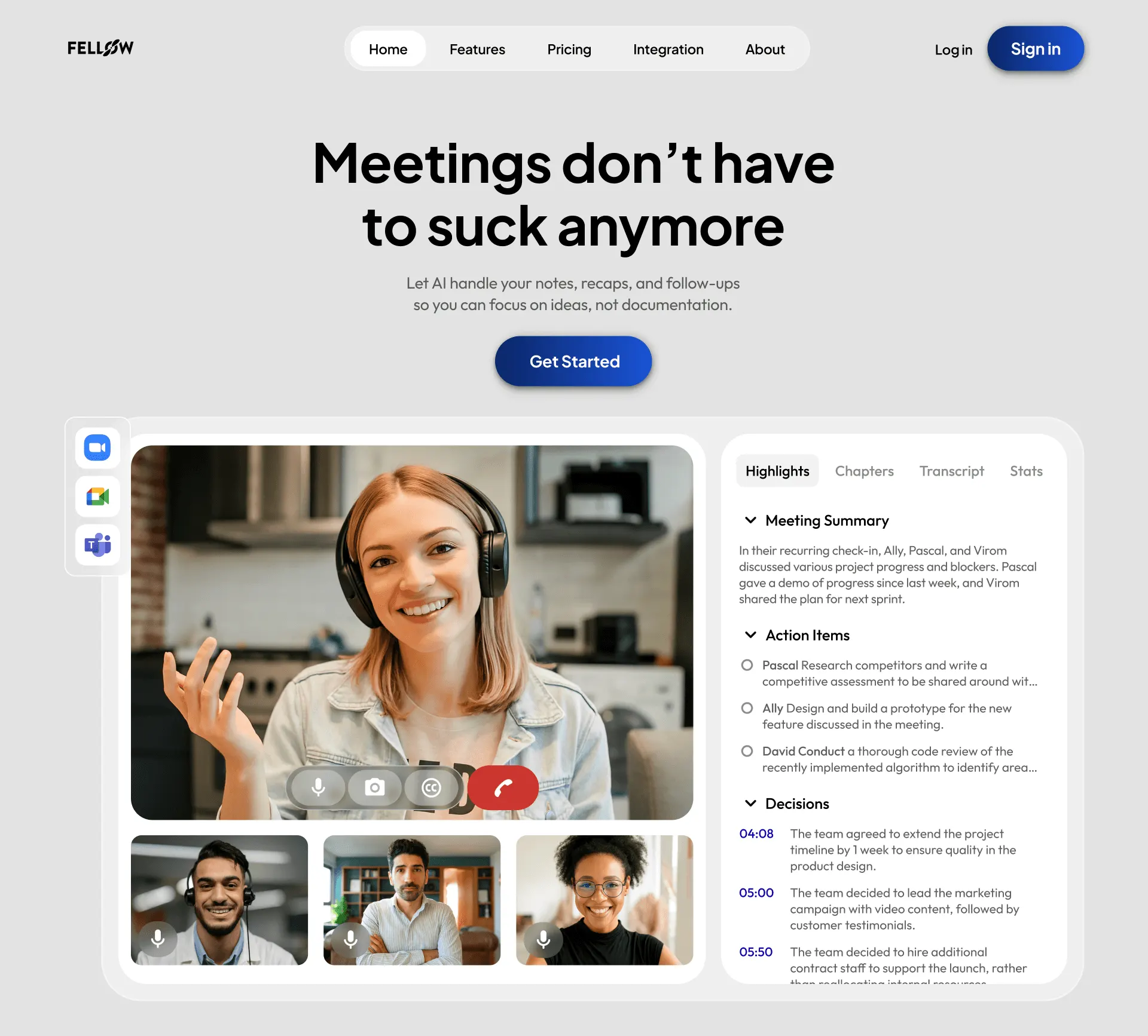 Fellow: AI meeting notes landing page, with the call recap and action items panel