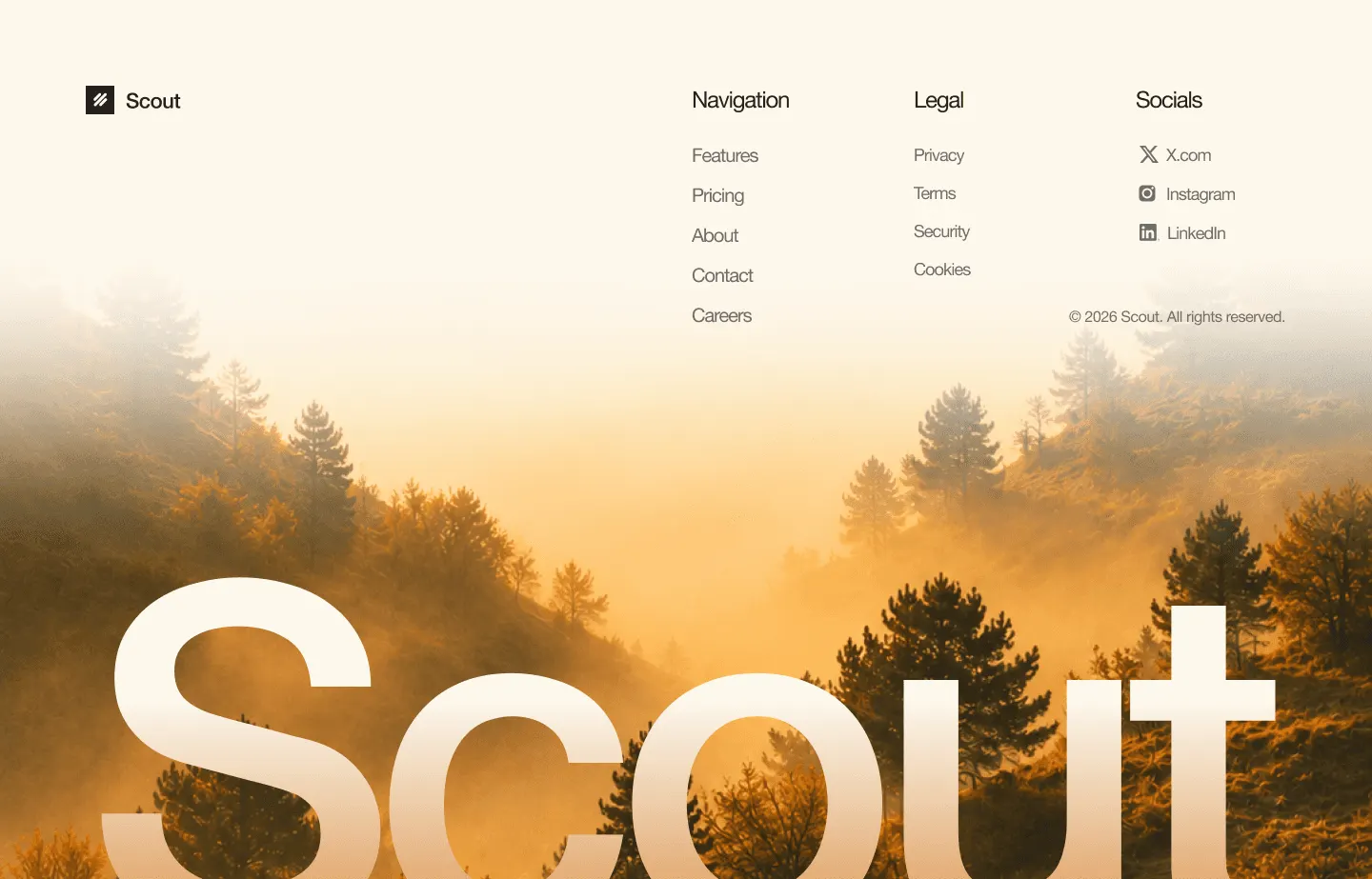 Scout: site footer design, with an oversized wordmark set over forest photography