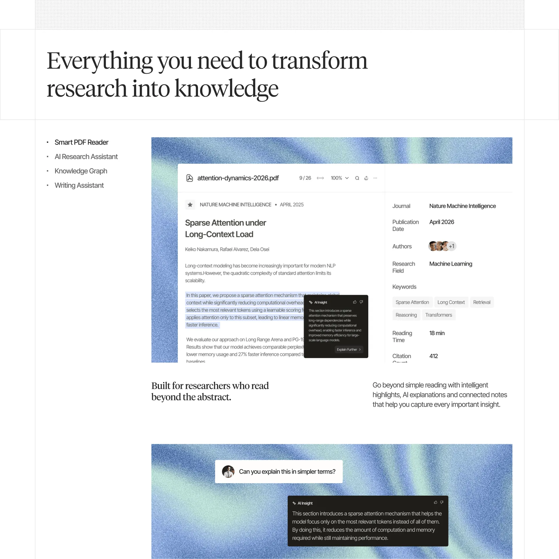 PaperStack: feature section covering the PDF reader, AI research assistant and writing tools