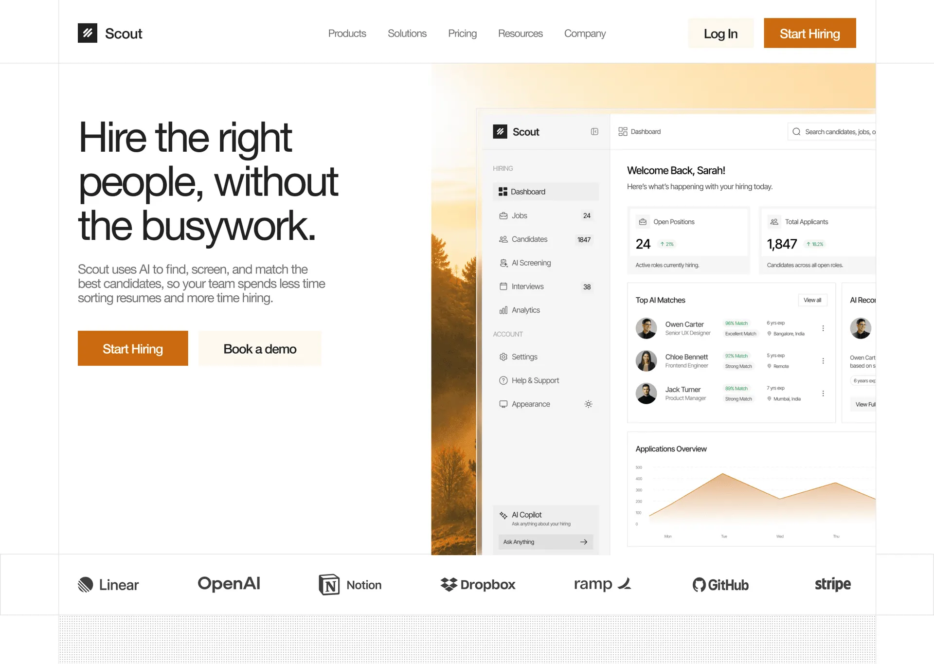 Scout: AI hiring platform homepage design, with the candidate dashboard and applicant tracking view